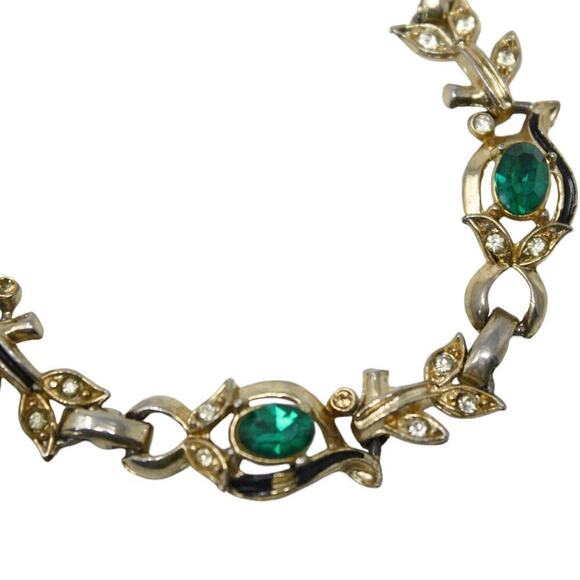 Vintage Coro Bracelet Signed Leaf Shapes Green Rhinestones 7.5" Long - Hey Viv - Picture 3 of 5